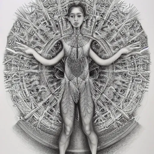 Image similar to hyper detailed bw linear pencil drawing, woman ballet dancer, organic symmetric shapes by ernst haeckel