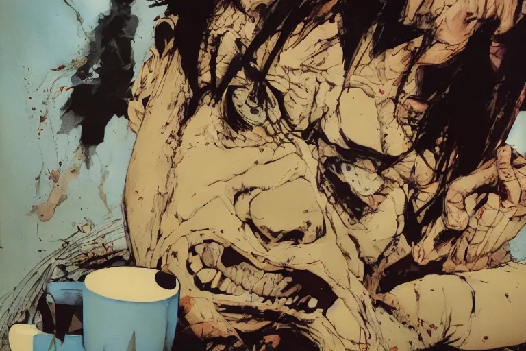 Prompt: first person GoPro footage page of tetsuo having a nice cup of tea, by Katsuhiro Otomo, Phil hale, Ashley wood, Ilya repin, frank frazetta, 8k, hd, high resolution print