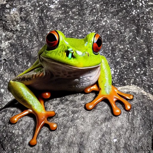 Image similar to closeup of a frog sitting on a stone in a forest, wildlife photography