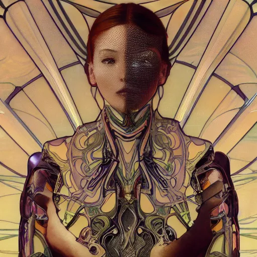 Prompt: an extremely beautiful, gorgeous, elegant and sophisticated young mechanoid woman, organic body armor, an ultrafine detailed masterpiece by james jean, by alphonse mucha, intricate, unreal engine 5 highly rendered, global illumination, radiant light, detailed, fine fiberglass, luminous, translucent, volumetric light, exobiology, futuristic