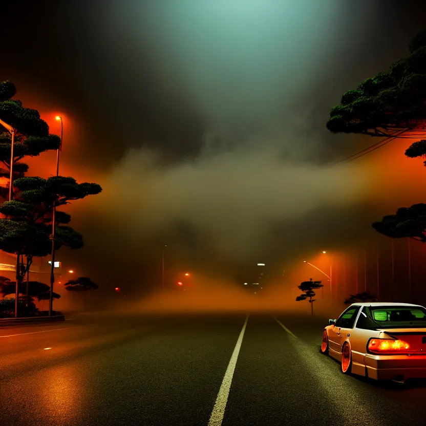 Image similar to one car JZX90 twin turbo drift middle of empty street, misty kanagawa prefecture, night, cinematic color, photorealistic, highly detailed,