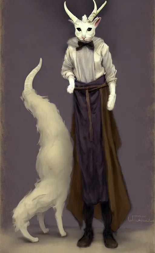 Image similar to a bipedal cat that has goat horns, anthropomorphic cat that is wearing robes, matte oil painting, by james abbott mcneill whistler, d & d, character reveal, fantasy, concept art, cosmic, magical, fog, noble, full body portrait, intricate, ornate, extremely detailed, cult, ritual, sharp focus, 4 k, 8 k