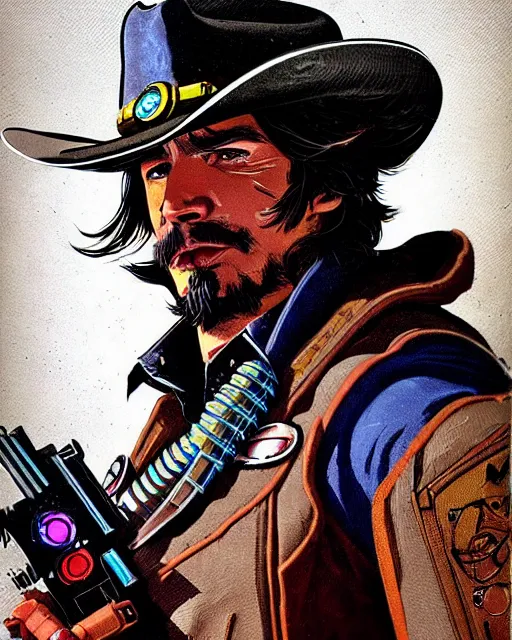 Image similar to mccree from overwatch, cyber space cowboy, outter space, cyber armor, character portrait, portrait, close up, concept art, intricate details, highly detailed, vintage sci - fi poster, retro future, vintage sci - fi art, in the style of chris foss, rodger dean, moebius, michael whelan, and gustave dore