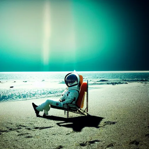 Image similar to an astronaut lounging in the beach, dramatic lighting, cinematic, extremly high detail, photorealistic, cinematic lighting, nasa footage