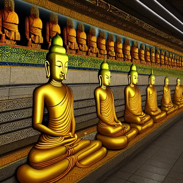 Image similar to a beautiful painting the subway station is full of hundreds of buddhas, by ultra detailed, hyper realistic, volumetric lighting render