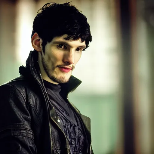 Image similar to Colin Morgan as Cyberpunk Merlin