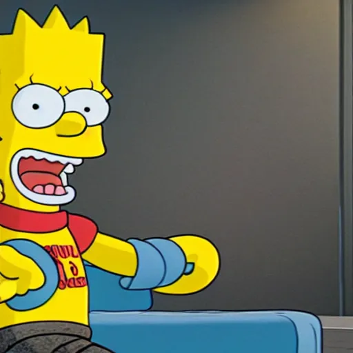 Image similar to bart simpson goes to college in the simpsons live action film, paramount pictures, directed by alan parker, full HD, cinematic lighting, award winning, anatomically correct