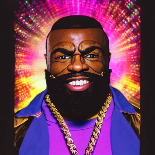 Image similar to a portrait photograph of joe rogan as mr. t wearing many gold chains with a psychedelic dmt background