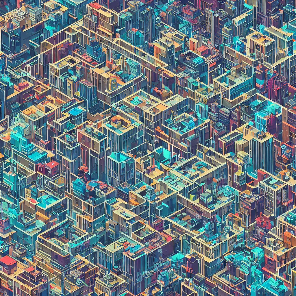 Prompt: view from the balcony over vast cyberpunk city isometric detailed painting