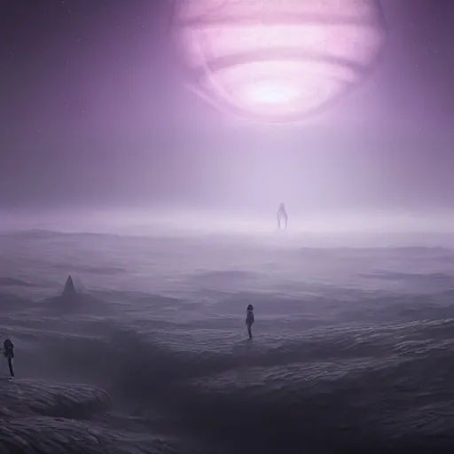 Prompt: empty planet with enormous deserts, covered with purple fog, concept art, DeviantArt, art station, illustration, highly detailed, artwork,cinematic,hyper realistic