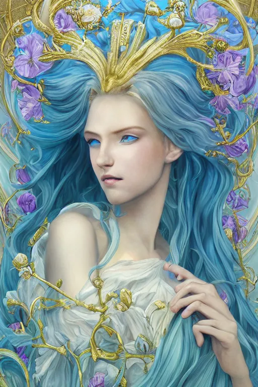 Image similar to breathtaking detailed painting by pilyeon and teffish on artstation, a full shot queen with long flowing bright blue hair, gauze dress and pastel flowers petals and golden tumultuous clouds, symmetrical facial features, at dawn in front of a pristine golden art nouveau cathedral, elegant, highly detailed, artstation, concept art, matte, sharp focus,