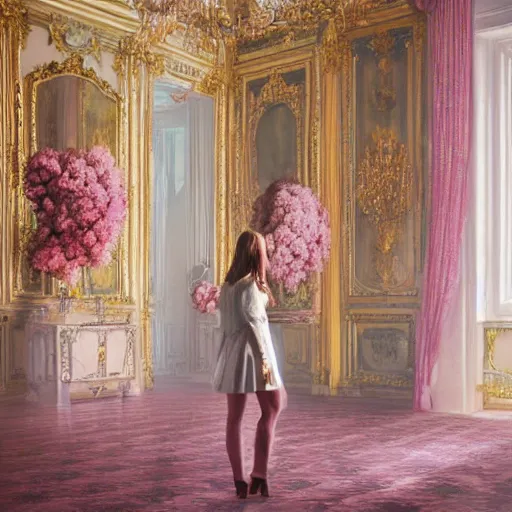 Prompt: a woman standing in a room with flowers in a vase, a photorealistic painting by elizabeth polunin, trending on cgsociety, art photography, national geographic photo, hall of mirrors, rococo