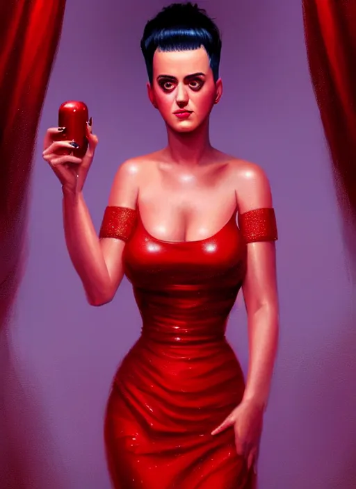 Image similar to portrait of katy perry in a red dress, intricate, elegant, glowing lights, highly detailed, digital painting, artstation, concept art, smooth, sharp focus, illustration, art by wlop, mars ravelo and greg rutkowski, hyper realistic photography