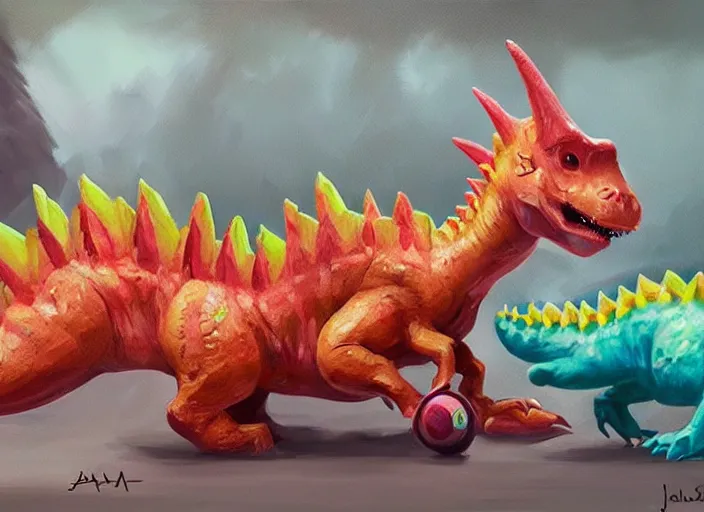 Image similar to concept art of cute candy dinosaurs, oil painting by jama jurabaev, extremely detailed, brush hard, artstation, for aaa game, high quality, brush stroke