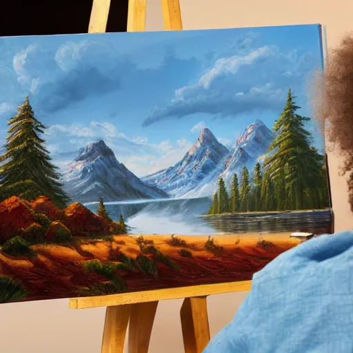 Image similar to a closeup photorealistic photograph of bob ross working on a canvas painting of wonder woman. film still. brightly lit scene. mountains and trees. this 4 k hd image is trending on artstation, featured on behance, well - rendered, extra crisp, features intricate detail, epic composition and the style of unreal engine.