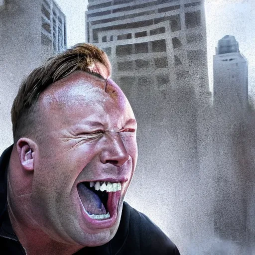 Image similar to hyperrealistic mixed media image of alex jones from info wars screaming in a public park, stunning 3 d render inspired art by istvan sandorfi and greg rutkowski, perfect facial symmetry, realistic, highly detailed attributes and atmosphere, dim volumetric cinematic lighting, 8 k octane extremely hyper - detailed render, post - processing, masterpiece,