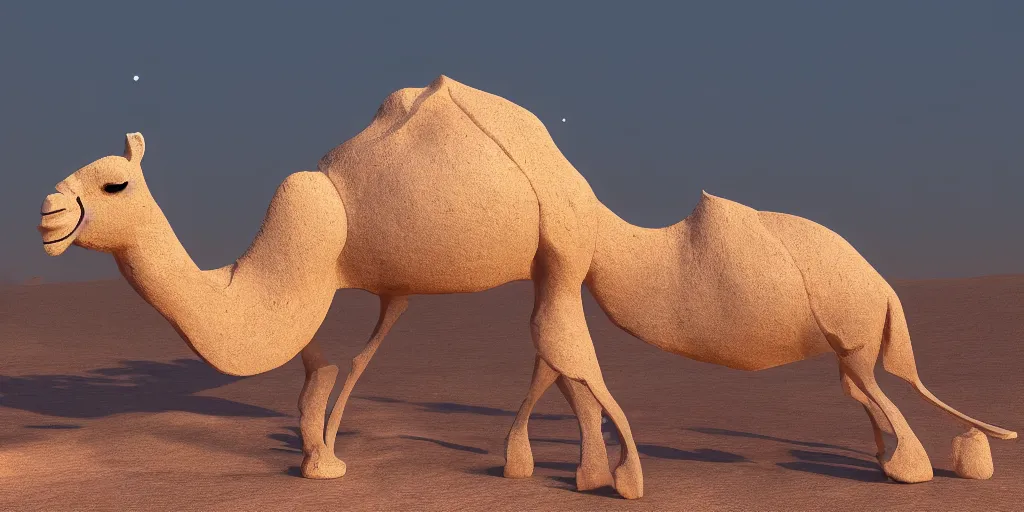 Image similar to camel made of opal, against the backdrop of the desert at night,beatiful opal sculpture sculpture, the light of the moon, octane render, high detail, painting, artstation, 8k, HDR