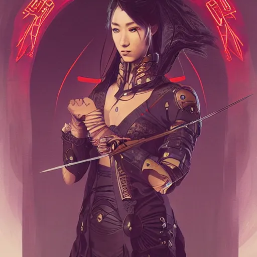 Image similar to cyberpunk samurai ,with techware , D&D, intricate, elegant, highly detailed, digital painting, japanese , altered carbon style,trending on artstation, concept art, illustration, art by Artgerm and Greg Rutkowski and Alphonse Mucha