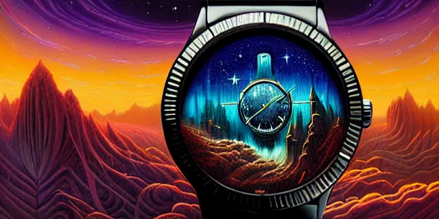 Image similar to painting hyperdetailed a watch face nebulapunk by dan seagrave and tomasz alen kopera and simon stahlenhag