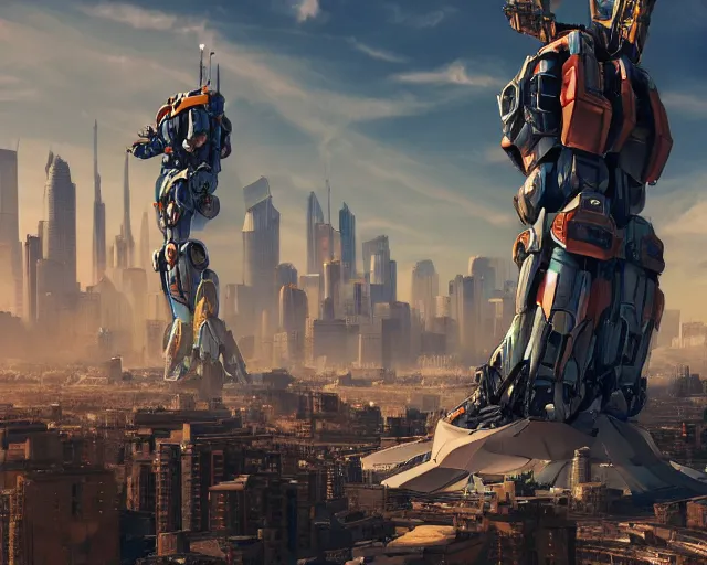 Image similar to a beautiful hyperrealistic ultradetailed 3D render of a gigantic mecha standing behinder the city, by brian sum and stephen martiniere and Antonio Manzanedo. mech, octane render, PBR, 3D, brilliantly colored, intricate, wide angle, volumetric lighting, polished, path tracing