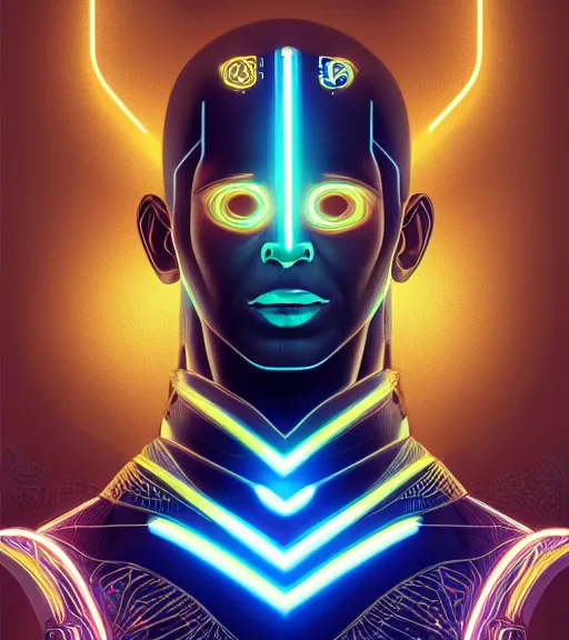 Image similar to symmetry!! egyptian prince of technology, solid cube of light, hard edges, product render retro - futuristic poster scifi, lasers and neon circuits, brown skin man egyptian prince, intricate, elegant, highly detailed, digital painting, artstation, concept art, smooth, sharp focus, illustration, dreamlike, art by artgerm