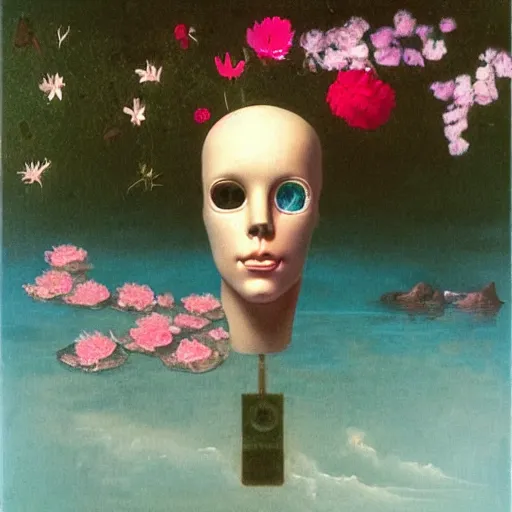 Image similar to a surreal vaporwave painting by Thomas Cole of an old pink mannequin head with flowers growing out, sinking underwater, highly detailed