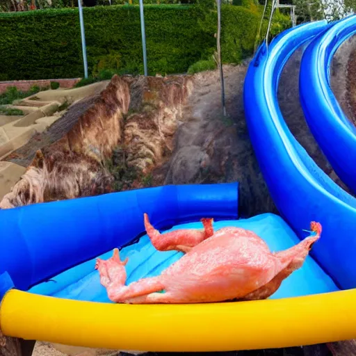 Image similar to raw chicken going down a waterslide