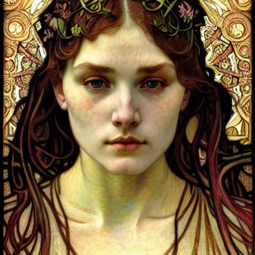 Image similar to detailed realistic beautiful young medieval queen face portrait by jean delville, alphonse mucha, vincent van gogh, and marco mazzoni, art nouveau, symbolist, visionary, gothic, pre - raphaelite