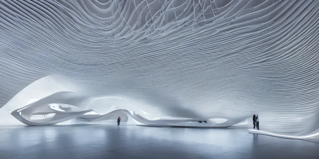 Image similar to extremely detailed awe stunning beautiful futuristic smooth curvilinear museum interior by zaha hadid, translucent gills, stunning volumetric light, stainless steel, concrete, translucent material, beautiful sunset, hyper real, 8k, colorful, 3D cinematic volumetric light, atmospheric light