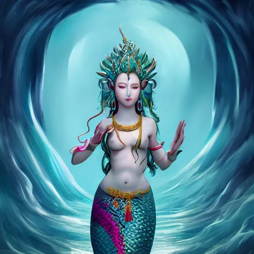 Image similar to stunning artstation style portrait painting of a mermaid bodhisattva, in the style of WLOP, 8k masterpiece, curvy, slim build, full body view, wide view cinematic lighting, pristine clean design, fantasy, insanely detailed, atmospheric