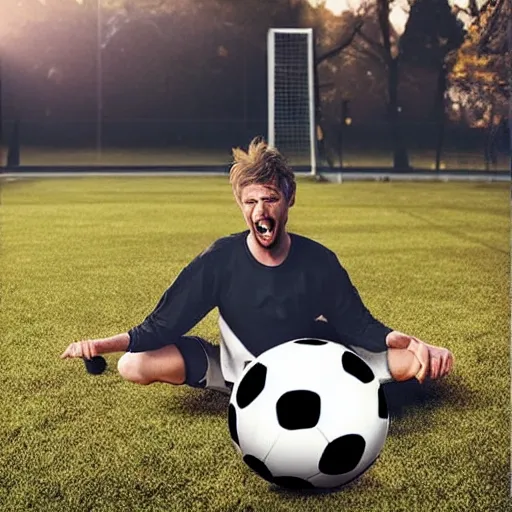 Prompt: man eating soccer ball hyper realistic