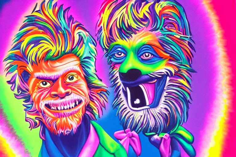 Image similar to lisa frank painting of willem dafoe at showbiz pizza 1 9 8 9