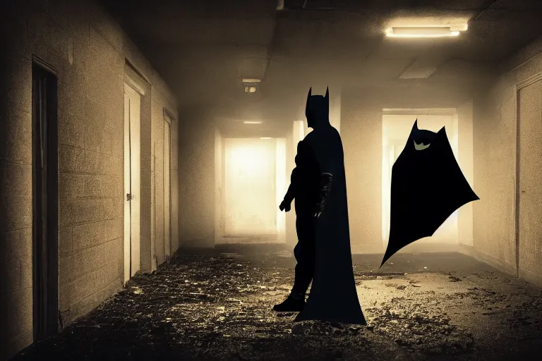 Image similar to batman covered in toilet paper, chasing through old brown decrepit hallway, creepy smile, atmospheric eerie lighting, photorealistic face, dim lighting, bodycam footage, motion blur, photography