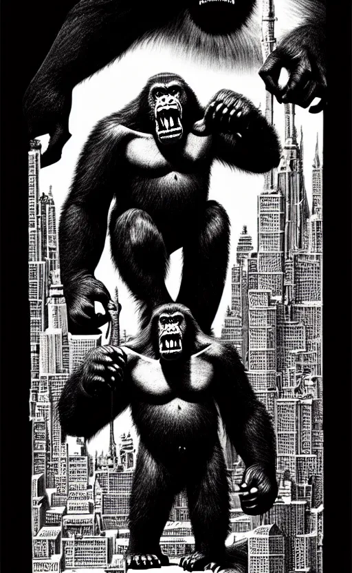 Prompt: king kong, extremely detailed, bold line art, by vincent di fate and joe fenton, inking, etching, screen print, masterpiece, trending on artstation, sharp, high contrast, hyper realistic, hd, 4 k, 8 k