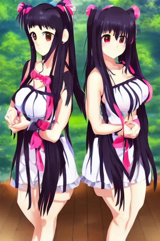 Image similar to two beautiful female idols with twin tails standing chest to chest, detailed anime art