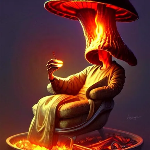 Prompt: mushroom alien sitting in a recliner by the fire smoking a pipe and wearing a soft robe and slippers, symmetrical, elegant intricate digital painting, trending on artstation, by artgerm and greg rutkowski and alphonse mucha