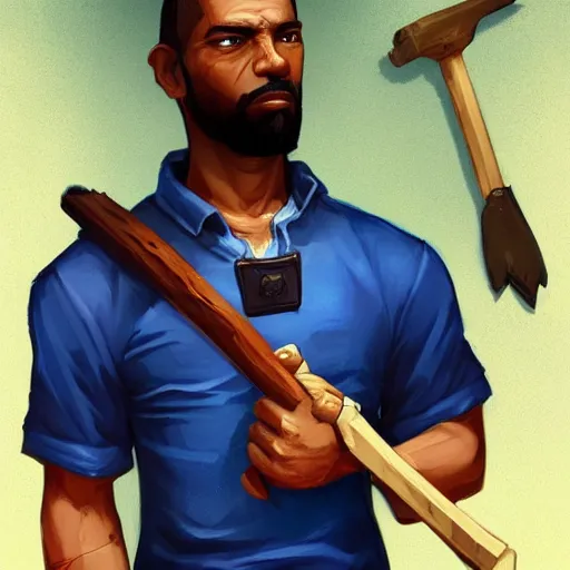 Image similar to man with blue shirt, brown skin, beard, and a blue pickaxe in grand theft auto art style, dnd character art portrait, matte fantasy painting, deviantart artstation, by jason felix by steve argyle by tyler jacobson by peter mohrbacher, cinema c 9. 0