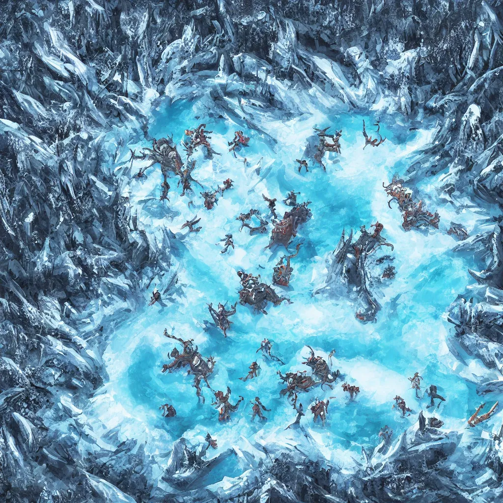 Image similar to a d & d background of a frozen lake with monsters beneath the ice, viewed from above, high quality digital art, illustration, gridless, vivid, blue tones, oil painting, trending on arstation, oil painting