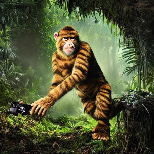 Image similar to frightening jungle scene featuring a create that is half ape half cat, extreme detail, hyperrealistic photo, gloomy