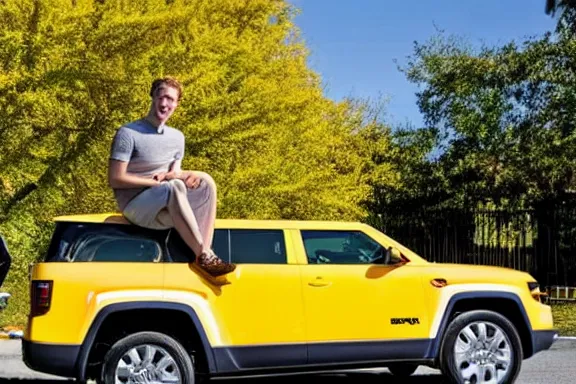 Prompt: a full shot of mark zuckerberg laying on the hood of a yellow jeep in someone's driveway