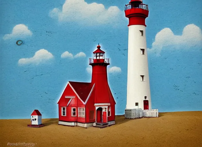 Prompt: whimsical simple folk art lighthouses, lowbrow, matte painting, 3 - d highly detailed, in the style of ammi phillips,