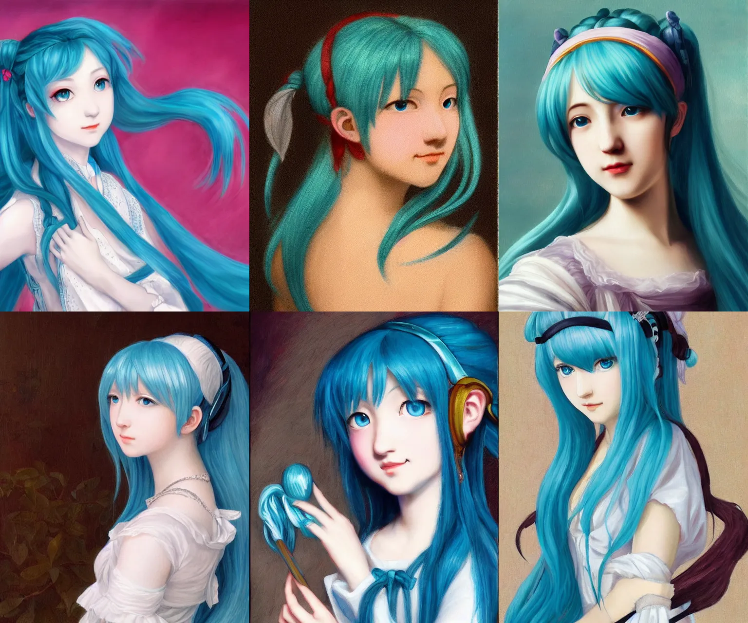 Prompt: classical romantic painting of hatsune miku, blue hair