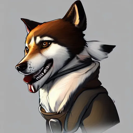 Prompt: shibu dog, apex legends artstyle, digital art, character design, masterpiece