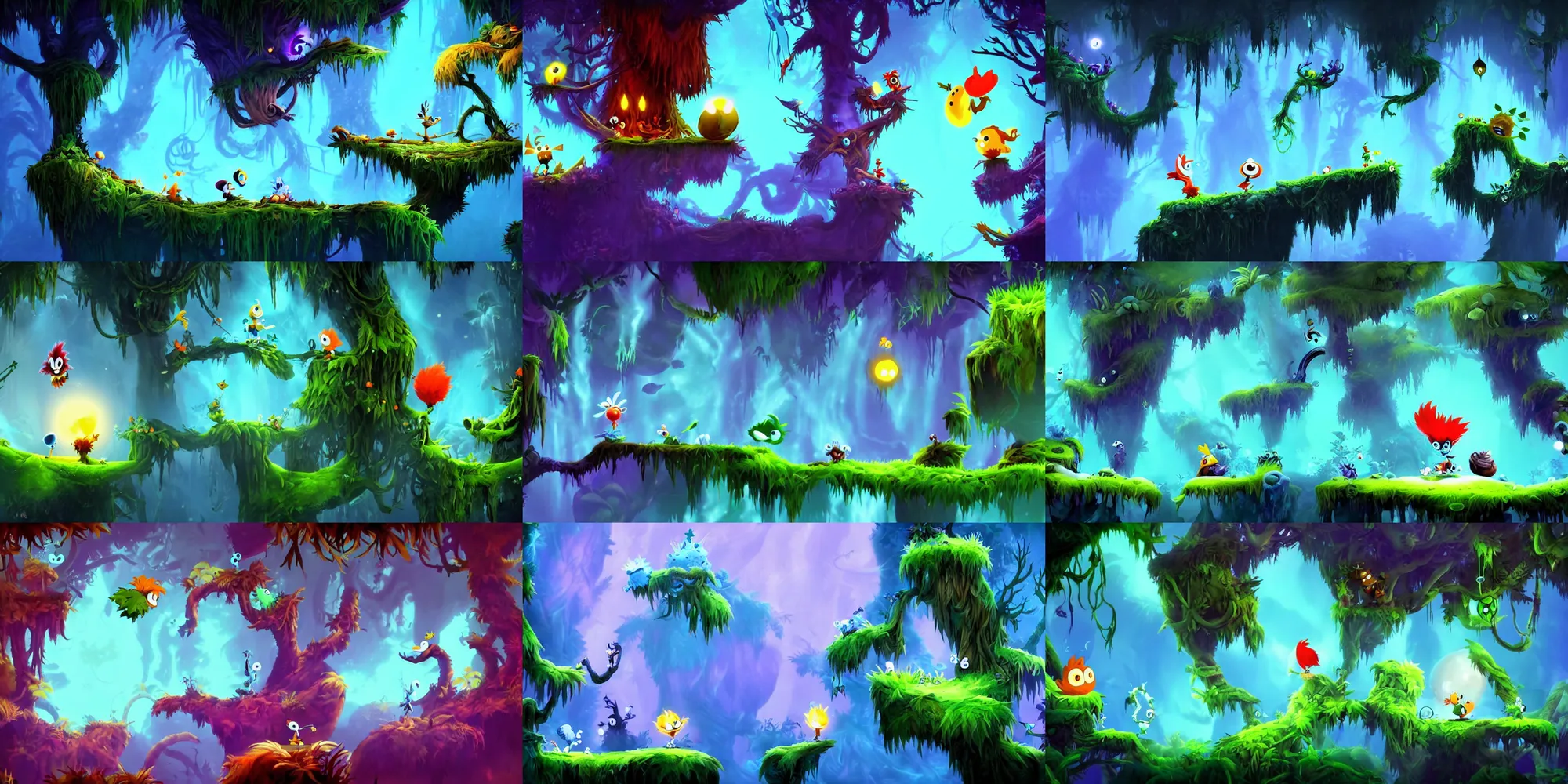 Prompt: rayman in the ori blind forest in the style of tim burton