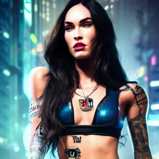 Image similar to Megan Fox portrait, Cyberpunk 2077, ultra photorealistic, cybernetic body parts, neon, octane, bokeh, 8k