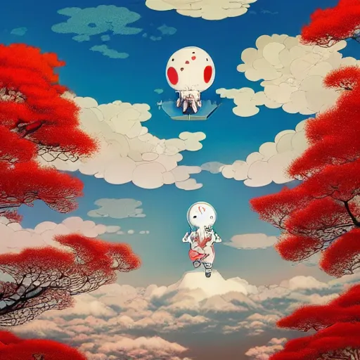 Image similar to a man walking on clouds above kyoto by takashi murakami, beeple and james jean, aya takano color style, 4 k, super detailed