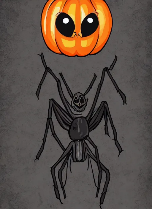 Image similar to an evil looking pumpkin head on a creppy black spider, spooky halloween theme, illustration line art style
