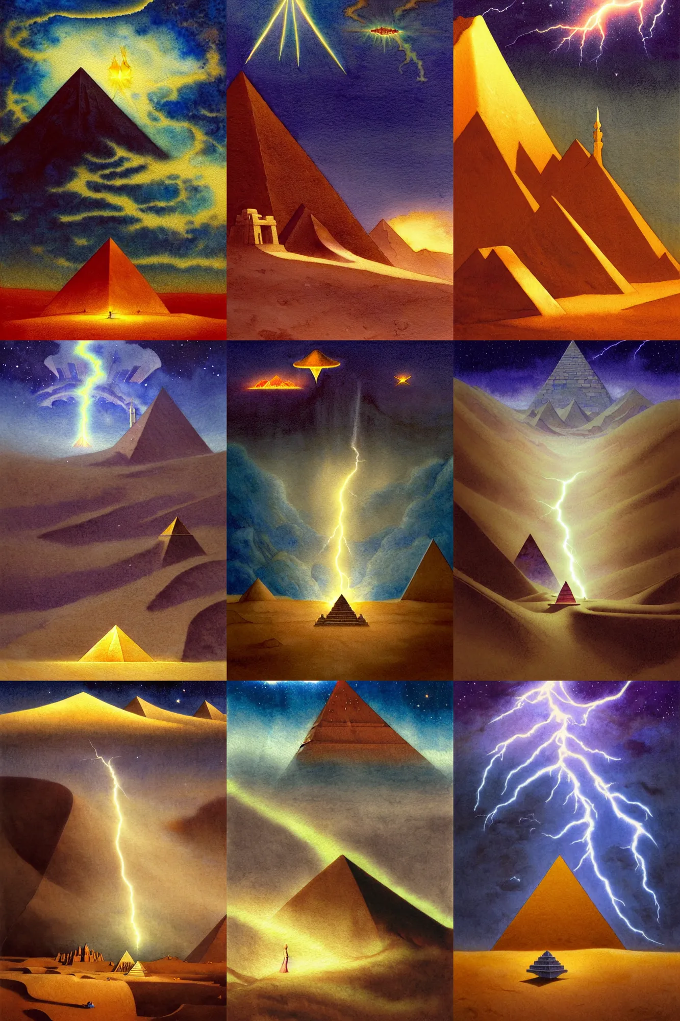 Prompt: dixit card, desert, temples, pyramid, meteor, galaxy, focal point, character, sand dune, spire, dark fantasy. intricate, amazing composition, colorful watercolor, by ruan jia, by maxfield parrish, by shaun tan, by nc wyeth, by michael whelan, by escher, illustration, nightmare, backlit, storm, lightning, volumetric