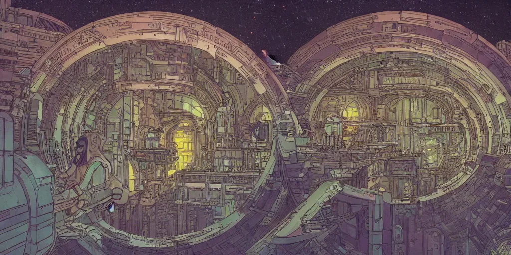 Prompt: space colony citadel by moebius and Escher and mohrbacher
