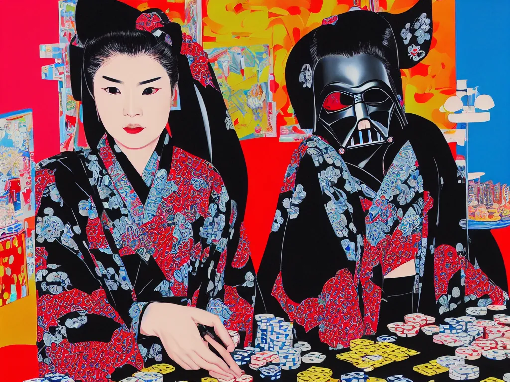 Image similar to hyperrealism composition of the detailed woman in a japanese kimono sitting at an extremely detailed poker table with darth vader, fireworks on the background, pop - art style, jacky tsai style, andy warhol style, acrylic on canvas